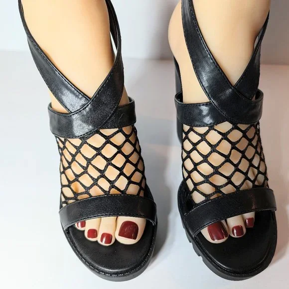 Cape Robbin Black Netted Strappy Chunky High Heels - Picture 8 of 13